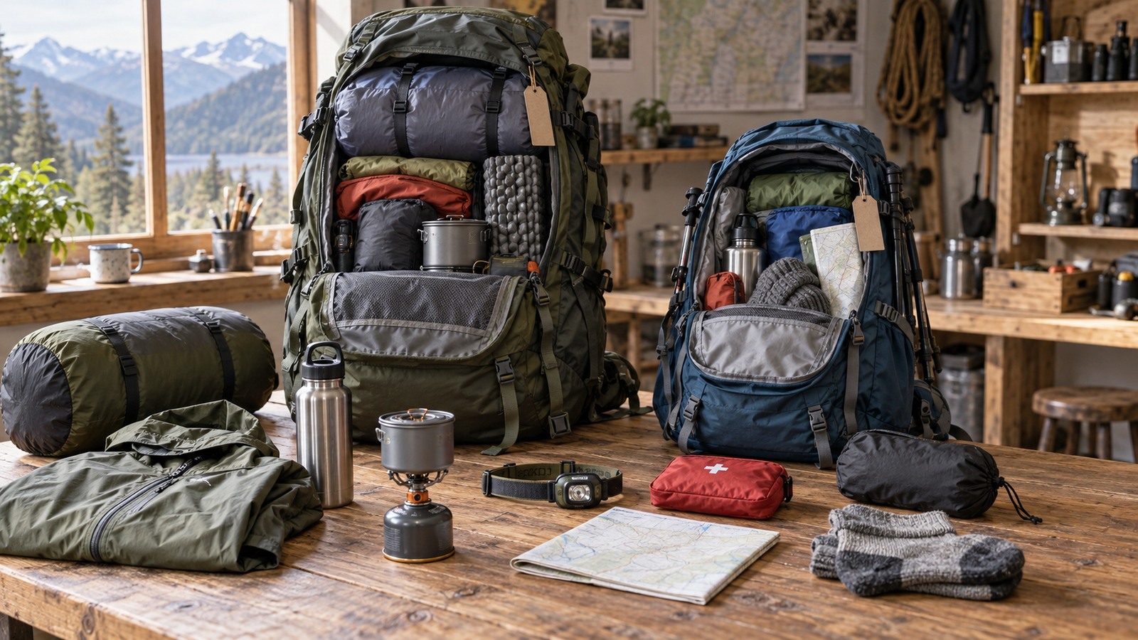 Hiking backpacks and camping gear arranged for packing