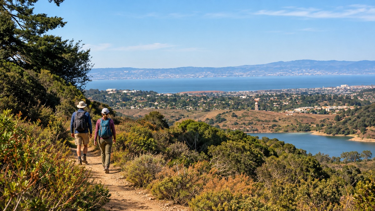Two backpackers follow a brushy ridge trail overlooking water and rolling coastal hills.