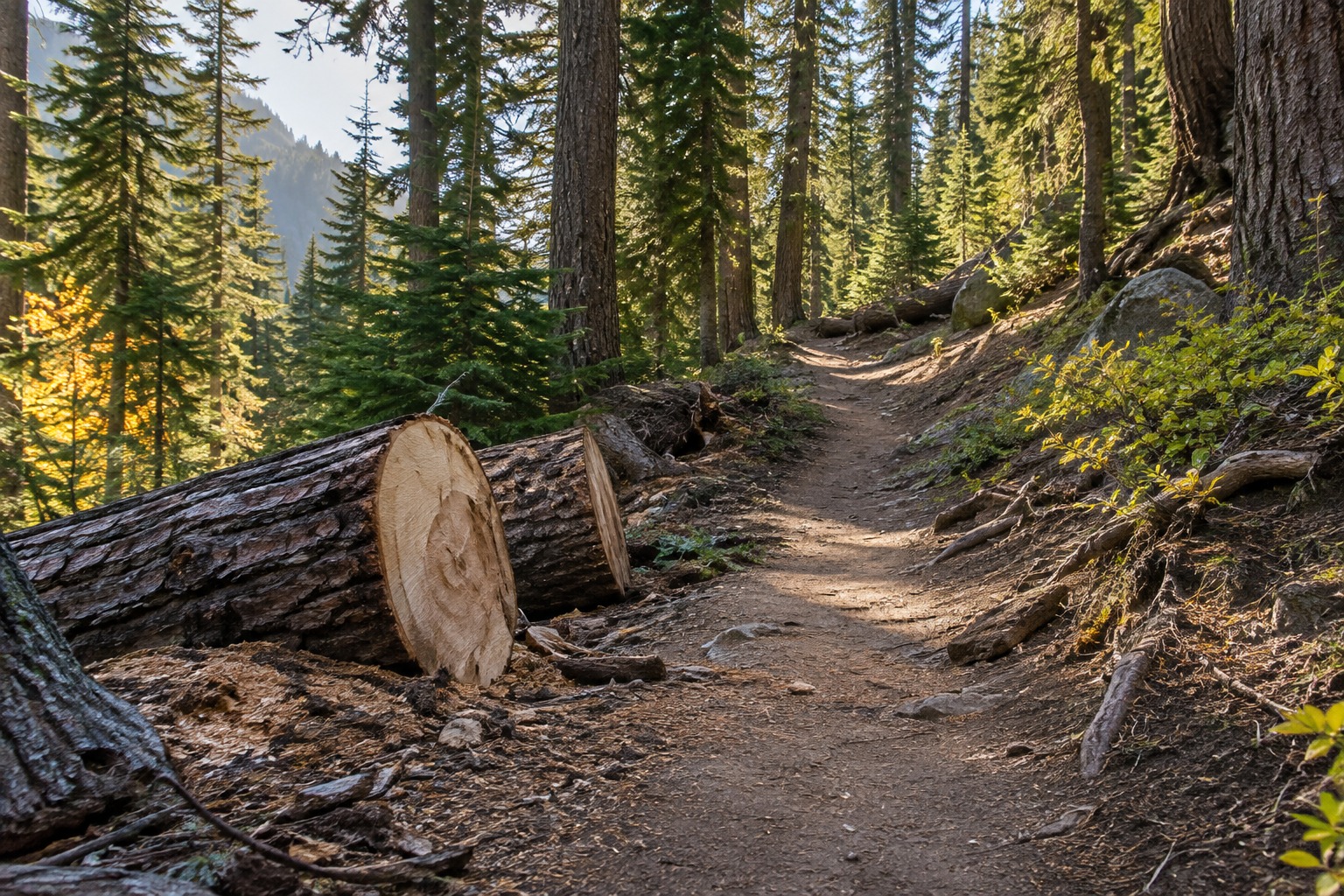 Crosscut fallen log sections beside an open dirt hiking trail in a sunlit conifer forest.